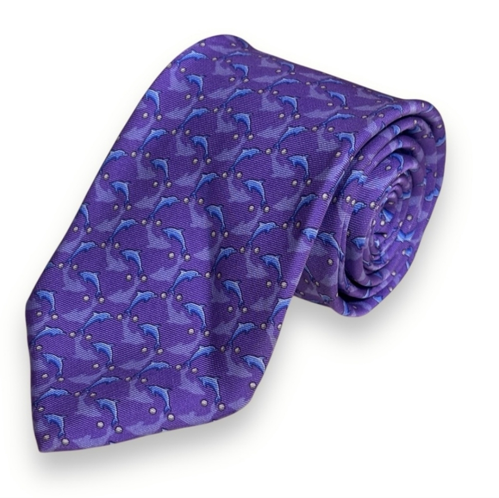 BROOKS BROTHERS 100% Silk Tie Purple with Blue Dolphins Print VINTAGE